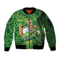 St Patrick's Day Ireland Rugby Custom Sleeve Zip Bomber Jacket Leprechaun Mascot Irish Shamrock Pattern - Wonder Print Shop
