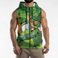 St Patrick's Day Ireland Rugby Custom Sleeveless Zip Hoodie Leprechaun Mascot Irish Shamrock Pattern - Wonder Print Shop