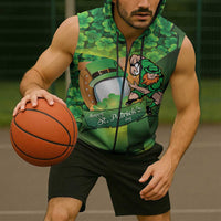St Patrick's Day Ireland Rugby Custom Sleeveless Zip Hoodie Leprechaun Mascot Irish Shamrock Pattern - Wonder Print Shop