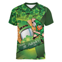 St Patrick's Day Ireland Rugby Custom Women V-Neck T-Shirt Leprechaun Mascot Irish Shamrock Pattern - Wonder Print Shop