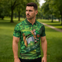 St Patrick's Day Ireland Rugby Custom Zipper Polo Shirt Leprechaun Mascot Irish Shamrock Pattern - Wonder Print Shop