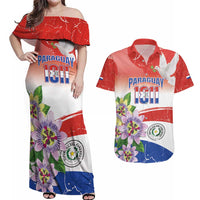 Paraguay 1811 Independence Day Couples Matching Off Shoulder Maxi Dress and Hawaiian Shirt Grunge Flag Mix Passion Flowers