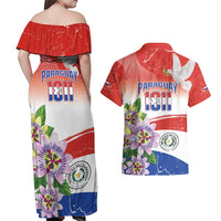 Paraguay 1811 Independence Day Couples Matching Off Shoulder Maxi Dress and Hawaiian Shirt Grunge Flag Mix Passion Flowers