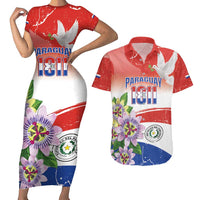 Paraguay 1811 Independence Day Couples Matching Short Sleeve Bodycon Dress and Hawaiian Shirt Grunge Flag Mix Passion Flowers
