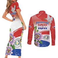 Paraguay 1811 Independence Day Couples Matching Short Sleeve Bodycon Dress and Long Sleeve Button Shirt Grunge Flag Mix Passion Flowers