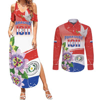 Paraguay 1811 Independence Day Couples Matching Summer Maxi Dress and Long Sleeve Button Shirt Grunge Flag Mix Passion Flowers
