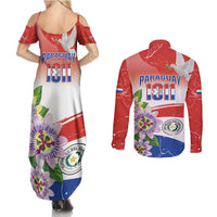 Paraguay 1811 Independence Day Couples Matching Summer Maxi Dress and Long Sleeve Button Shirt Grunge Flag Mix Passion Flowers