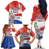 Paraguay 1811 Independence Day Family Matching Off The Shoulder Long Sleeve Dress and Hawaiian Shirt Grunge Flag Mix Passion Flowers