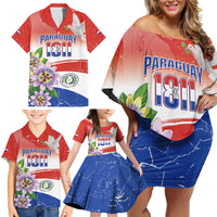 Paraguay 1811 Independence Day Family Matching Off Shoulder Short Dress and Hawaiian Shirt Grunge Flag Mix Passion Flowers