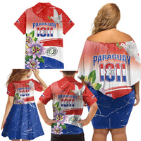 Paraguay 1811 Independence Day Family Matching Off Shoulder Short Dress and Hawaiian Shirt Grunge Flag Mix Passion Flowers
