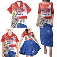 Paraguay 1811 Independence Day Family Matching Puletasi and Hawaiian Shirt Grunge Flag Mix Passion Flowers