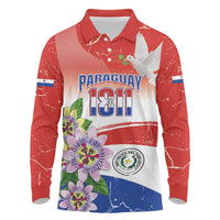 Paraguay 1811 Independence Day Long Sleeve Polo Shirt Grunge Flag Mix Passion Flowers