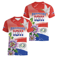 Paraguay 1811 Independence Day Women V-Neck T-Shirt Grunge Flag Mix Passion Flowers
