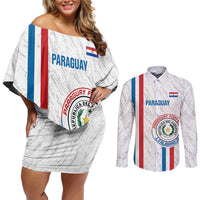 Custom Paraguay Football Couples Matching Off Shoulder Short Dress and Long Sleeve Button Shirt Vamos Albirroja