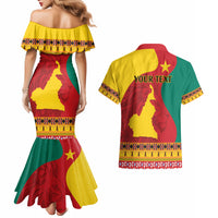 Personalised Cameroon National Day Couples Matching Mermaid Dress and Hawaiian Shirt Cameroun Coat Of Arms With Atoghu Pattern - Wonder Print Shop