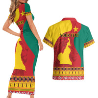 Personalised Cameroon National Day Couples Matching Short Sleeve Bodycon Dress and Hawaiian Shirt Cameroun Coat Of Arms With Atoghu Pattern - Wonder Print Shop