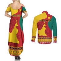 Personalised Cameroon National Day Couples Matching Summer Maxi Dress and Long Sleeve Button Shirt Cameroun Coat Of Arms With Atoghu Pattern - Wonder Print Shop