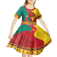 Personalised Cameroon National Day Kid Short Sleeve Dress Cameroun Coat Of Arms With Atoghu Pattern - Wonder Print Shop