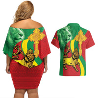 Ethiopia National Day Couples Matching Off Shoulder Short Dress and Hawaiian Shirt Ethiopia Lion of Judah African Pattern - Wonder Print Shop
