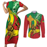 Ethiopia National Day Couples Matching Short Sleeve Bodycon Dress and Long Sleeve Button Shirt Ethiopia Lion of Judah African Pattern - Wonder Print Shop
