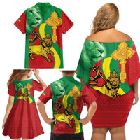 Ethiopia National Day Family Matching Off Shoulder Short Dress and Hawaiian Shirt Ethiopia Lion of Judah African Pattern - Wonder Print Shop