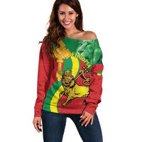 Ethiopia National Day Off Shoulder Sweater Ethiopia Lion of Judah African Pattern - Wonder Print Shop
