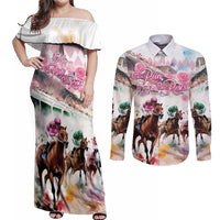 Personalized Kentucky Horse Racing Couples Matching Off Shoulder Maxi Dress and Long Sleeve Button Shirt 151st Anniversary Run For The Roses