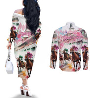 Personalized Kentucky Horse Racing Couples Matching Off The Shoulder Long Sleeve Dress and Long Sleeve Button Shirt 151st Anniversary Run For The Roses