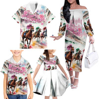 Personalized Kentucky Horse Racing Family Matching Off The Shoulder Long Sleeve Dress and Hawaiian Shirt 151st Anniversary Run For The Roses