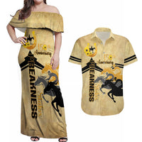 Personalized Preakness Horse Racing Couples Matching Off Shoulder Maxi Dress and Hawaiian Shirt 150th Anniversary Run For The Black-Eyed Susans