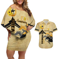 Personalized Preakness Horse Racing Couples Matching Off Shoulder Short Dress and Hawaiian Shirt 150th Anniversary Run For The Black-Eyed Susans