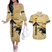 Personalized Preakness Horse Racing Couples Matching Off The Shoulder Long Sleeve Dress and Hawaiian Shirt 150th Anniversary Run For The Black-Eyed Susans