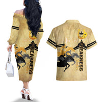 Personalized Preakness Horse Racing Couples Matching Off The Shoulder Long Sleeve Dress and Hawaiian Shirt 150th Anniversary Run For The Black-Eyed Susans
