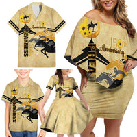 Personalized Preakness Horse Racing Family Matching Off Shoulder Short Dress and Hawaiian Shirt 150th Anniversary Run For The Black-Eyed Susans