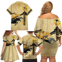 Personalized Preakness Horse Racing Family Matching Off Shoulder Short Dress and Hawaiian Shirt 150th Anniversary Run For The Black-Eyed Susans