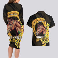 Personalized Preakness Horse Racing Couples Matching Long Sleeve Bodycon Dress and Hawaiian Shirt Horseshoe With Black-Eyed Susans