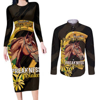Personalized Preakness Horse Racing Couples Matching Long Sleeve Bodycon Dress and Long Sleeve Button Shirt Horseshoe With Black-Eyed Susans