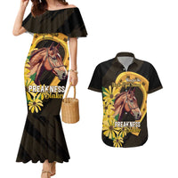 Personalized Preakness Horse Racing Couples Matching Mermaid Dress and Hawaiian Shirt Horseshoe With Black-Eyed Susans
