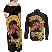 Personalized Preakness Horse Racing Couples Matching Off Shoulder Maxi Dress and Long Sleeve Button Shirt Horseshoe With Black-Eyed Susans