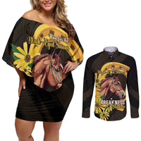 Personalized Preakness Horse Racing Couples Matching Off Shoulder Short Dress and Long Sleeve Button Shirt Horseshoe With Black-Eyed Susans
