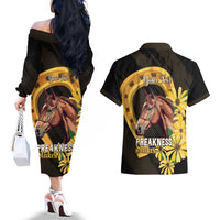 Personalized Preakness Horse Racing Couples Matching Off The Shoulder Long Sleeve Dress and Hawaiian Shirt Horseshoe With Black-Eyed Susans