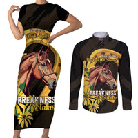 Personalized Preakness Horse Racing Couples Matching Short Sleeve Bodycon Dress and Long Sleeve Button Shirt Horseshoe With Black-Eyed Susans
