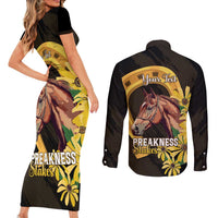 Personalized Preakness Horse Racing Couples Matching Short Sleeve Bodycon Dress and Long Sleeve Button Shirt Horseshoe With Black-Eyed Susans