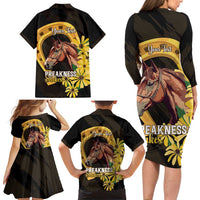 Personalized Preakness Horse Racing Family Matching Long Sleeve Bodycon Dress and Hawaiian Shirt Horseshoe With Black-Eyed Susans