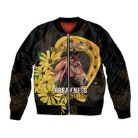 Personalized Preakness Horse Racing Sleeve Zip Bomber Jacket Horseshoe With Black-Eyed Susans