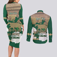 Personalized Belmont Horse Racing Couples Matching Long Sleeve Bodycon Dress and Long Sleeve Button Shirt 157th Anniversary Run For The Carnations