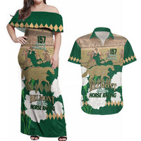 Personalized Belmont Horse Racing Couples Matching Off Shoulder Maxi Dress and Hawaiian Shirt 157th Anniversary Run For The Carnations