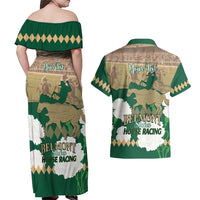 Personalized Belmont Horse Racing Couples Matching Off Shoulder Maxi Dress and Hawaiian Shirt 157th Anniversary Run For The Carnations