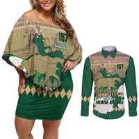 Personalized Belmont Horse Racing Couples Matching Off Shoulder Short Dress and Long Sleeve Button Shirt 157th Anniversary Run For The Carnations
