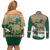 Personalized Belmont Horse Racing Couples Matching Off Shoulder Short Dress and Long Sleeve Button Shirt 157th Anniversary Run For The Carnations